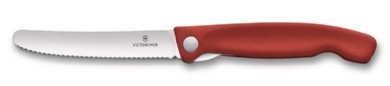 faltbares Messer mit Wellenschliff und rotem Griff
