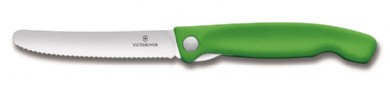 faltbares Messer mit Wellenschliff und grünem Grif