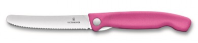 faltbares Messer mit Wellenschliff und rosa Griff